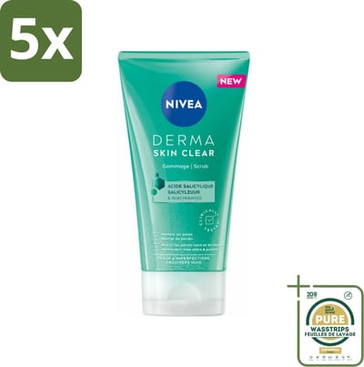 5 x NIVEA - Gezichtsscrub - DERMA Huidzuiver - Voor onzuivere huid - Met Salicylzuur (AHA) & Niacinamide - Tegen Acne & Mee-eters - 150 ml - Grootverpakking - Acne - Puistjes - Mee-eters - Onzuivere Huid - Vette Huid