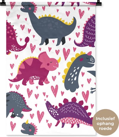 Wandkleed Illustratie voor kinderen - Kinderillustratie met een patroon van paarse dinosaurussen Wandkleed katoen 60x90 cm - Wandtapijt met foto