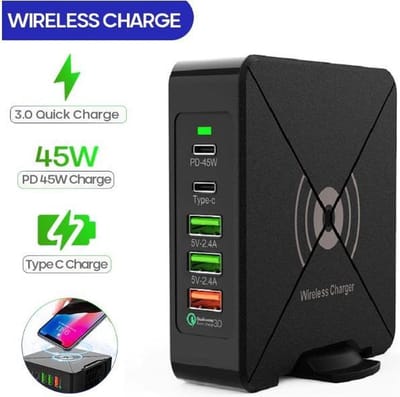 DrPhone WL5 USB Oplader- PD 3.0 - 75W - 5-poorts Multi USB-laadstation + Draadloos Oplader (PD-45W, Type-C, QC3.0 en 5V-2.4A)