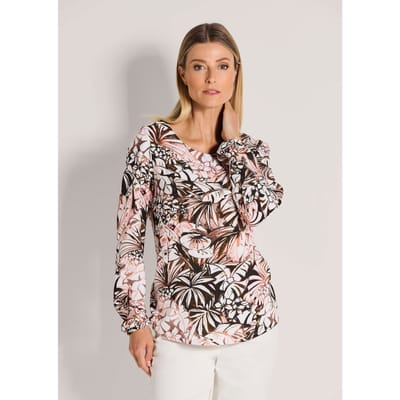 Blouse met bladerprint - zwart / wit / beige / gedess. - Gr. 19 van Goldner Fashion