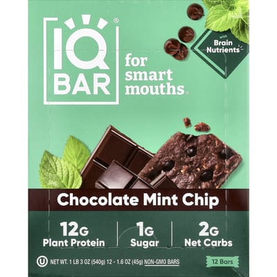 IQBAR, Plantaardige Eiwitreep, Chocolade Munt Chip, 12 Repen, 45g (1,6 oz) Elk