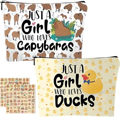 Schattige Dieren Make-up Tas met Eend en Capybara + 2 Sets Capybara Stickers - Perfect Cadeau voor Verjaardag of Feestje, Met Ritssluiting en in Twee Kleuren