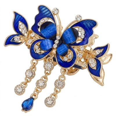 Blauw goudkleurige vlinder haar clip – dames sierlijke haar klem – decoratieve haar accessoire met glanzende strass en hangende kettingen