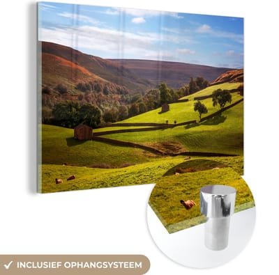 ® Glasschilderij 180x120 cm - Schilderij acrylglas - Uitgestrekte valleien in het Nationaal park Yorkshire Dales in Engeland - Foto op glas - Muurdecoratie woonkamer - Wanddecoratie slaapkamer - Schilderijen