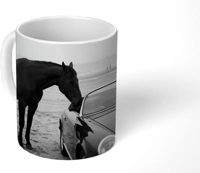 Mok - Koffiemok - Paard - Auto - Zwart - Wit - Mokken - 350 ML - Beker - Koffiemokken - Theemok