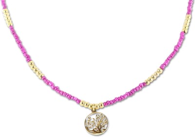 CO88 Collection 8CN-26290 Stalen Ketting met Kralen - Dames - Goudkleurig - 3 mm - Fuchsia - 2,5 mm - levensboom - 12 mm - Lengte 70 + 7 cm