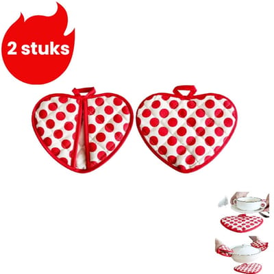 2-delige - Hittebestendige handschoenen voor bakken en koken - Dubbellaags verdikte katoenen hartvormige handclips - Warmte-isolatiemat - Onderzetter - Rood