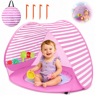 VHV - Strandtent - Babytent - Pop up strandtent - UV-bescherming UPF 50+ - Met zwembadje - Zelfuitvouwbaar - Voor strand en tuin - Met draagtas - 120*80cm - Roze