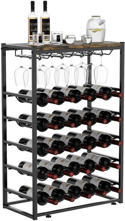 Dailygoods- Wijnrek Staand - 25 Flessen - 12 Wijnglazen - Metaal/Zwart - Hout - Waterdicht - 59 x 30 x 89 cm - Flessenrek