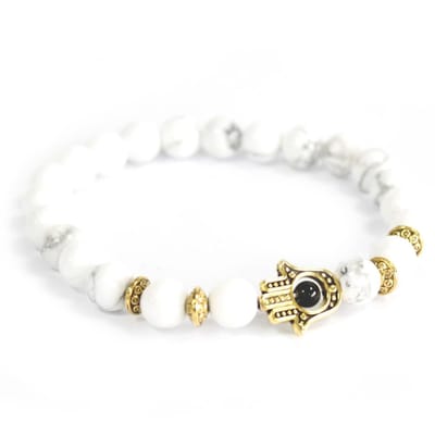Gouden Hamsa / Witte Steen - Edelsteen Armband