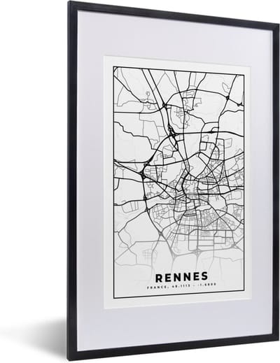 Fotolijst incl. Poster Zwart Wit- Frankrijk - Plattegrond - Rennes - Stadskaart - Kaart - Zwart wit - 40x60 cm - Posterlijst
