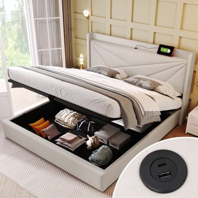 DESMIU Gestoffeerd Bed 160x200 Cm Met Opbergruimte En Usb En C Oplaadfunctie Hoofdbord Voor Slaapkamer Linnen Beige Zonder Matras