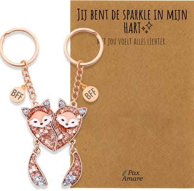 BFF Sleutelhanger voor 2 'Jij bent de Sparkle in mijn Hart' - Magnetische Vosjes - Sleutelhanger set op Cadeau Kaartje - Rosé Goud - Vriendschap Symbool - Pax Amare