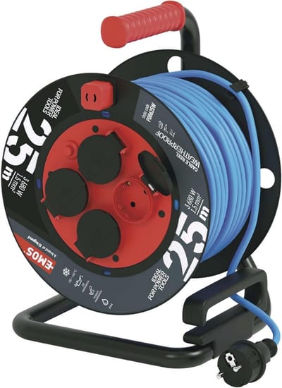 Vorstbestendige outdoor kabelhaspel met 25 meter siliconen kabel en 4 geaarde stopcontacten - IP44 waterdicht en geschikt voor ruwe omstandigheden
