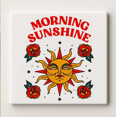 Vintage Tegel “Morning Sunshine” – 15x15cm Keramische Wanddecoratie – Retro Zon en Rozen Ontwerp voor Boho Huisdecoratie & Cadeau