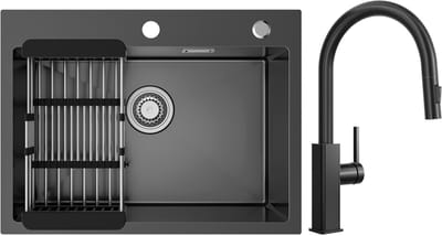 Sofetiy MAX Spoelbak Keuken 60x45cm - Spoelbak Keuken Met Keukenkraan met Uittrekbare Uitloop - Spoelbakken Keuken met Kraangat - Spoelbak met Afdruipgedeelte - Antraciet