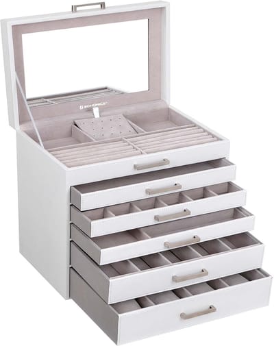 Sieradendoos Opbergdoos 6-laags multifunctionele opbergruimte met 5 laden, spiegel en vakken in verschillende maten. Zachte voering beschermt de items. Elegante en eenvoudige uitstraling. 30,2 x 21 x 31,3 cm Wit