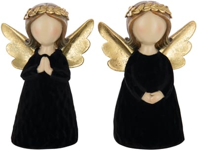 J-Line figuur Engel - polyresin/fluweel - zwart - medium - 2 stuks