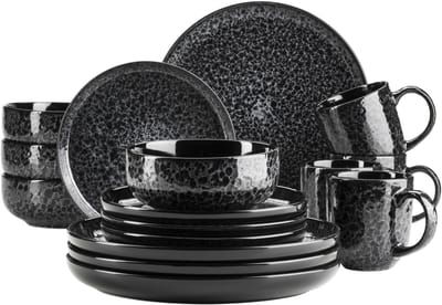 Mäser Combi Serviesset FILIPPA 16-delig Zwart - Compleet Servies voor 4 Personen - Keramisch Eetservies met Borden, Kommen en Mokken - Moderne Tafelservice