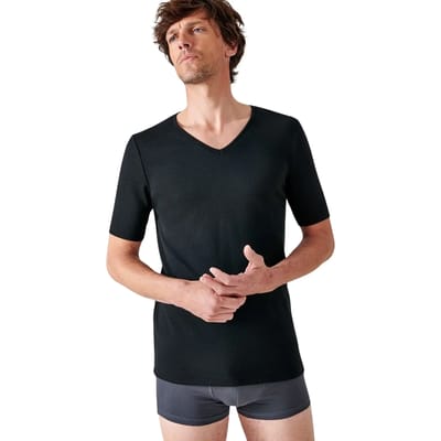 Damart - T-shirt met V-hals, korte mouwen en klassieke gebreide Thermolactyl-stof - Heren - Zwart - (86-93) S