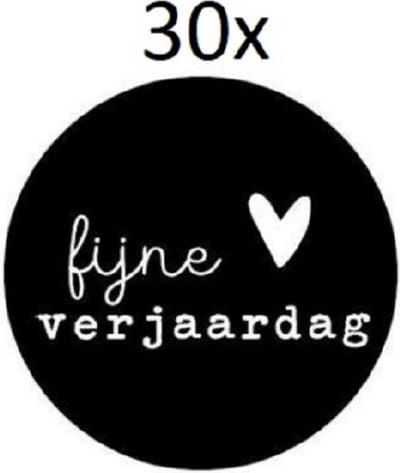 30x Fijne Verjaardag wensetiket - Sluitsticker - Sticker - Zwart - Wit - Hartje - Traktatie - Jarig - Uitdelen - Verjaardag - Etiket - 40mm - 30 stuks