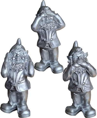 Tuinkabouter Horen, Zien en Zwijgen tuin kabouters 30cm Zilver | Inspiring Minds