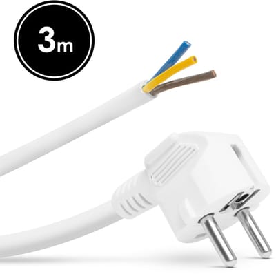 Haakse Stekker Met 3 Meter Kabel Wit – Montagebare Netstekker Met Aarde – Losse Stekker 230V 16A – H05VV-F 3G 1,5 Mm² Voedingskabel Voor Binnengebruik [05941B]