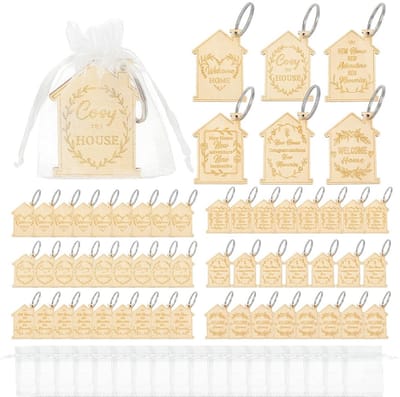Dailygoods- Sleutelhanger Houten Huisvorm - 60 Stuks - Sleutelhanger Ringen - Organza Zakjes - Nieuwe Thuis - Geschenken Familie - Huissleutelhanger