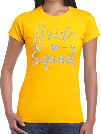 Bride Squad Cupido zilver glitter tekst t-shirt geel dames - dames shirt Bride Squad- Vrijgezellenfeest kleding S