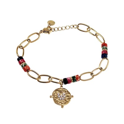 Armband Dames - Verguld Roestvrij Staal - Multicolor Natuursteen - Verstelbaar - Schakelsarmband met Hanger