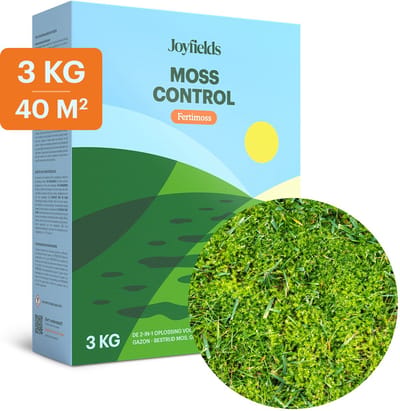 Joyfields Moss Control - Anti-mos Gazonmeststof - 3 kg voor 40 m² - Krachtige 2-in-1 oplossing - Werkt tot diep in de wortels - Voor een diepgroen en mosvrij gazon