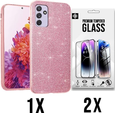 Casemania Hoesje Geschikt voor Samsung Galaxy A15 - Roze - 2X Glazen Screenprotector - Glitter Back Cover