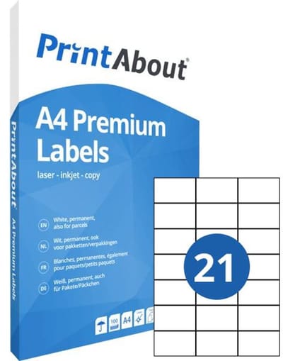 PrintAbout Premium A4 stickervel 21 per vel (70mm x 42,3mm)