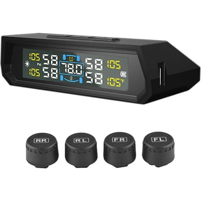 Bandenspanningscontrolesysteem, Bandenspanningsmonitor op zonne-energie met 4 externe sensoren, Spraakprompt, gray