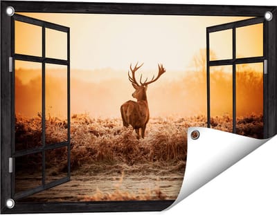 Gards Tuinposter Doorkijk Hert in de Wei tijdens de Zonsopkomst - 60x40 cm - Tuindoek - Tuindecoratie - Wanddecoratie buiten - Tuinschilderij