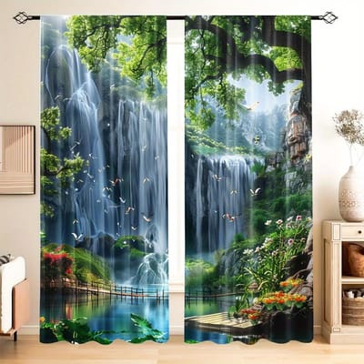 2 stuks Moderne Landschap Bedrukte Gordijn Waterval Uitzicht Lichtfilterend Decoratief Tunnelgordijn voor Slaapkamerraam 100W130H(CM)40x51in&Grommet Top