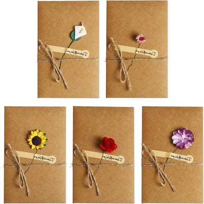 Set van 5 Gedroogde Bloemen Kraft Papieren Wenskaarten met Jute Touw, Lege Kaarten en Enveloppen voor Verjaardag, Bruiloft en Bedankjes voor Vrouwen