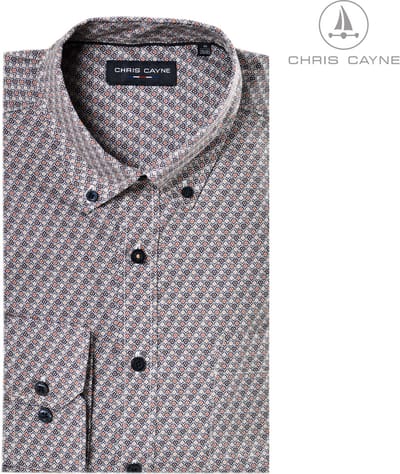 Chris Cayne heren overhemd - lange mouw - M - zand/camel/donkerbruin - geprint dessin - button down kraag - borstzak