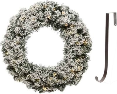 Groen/witte led kerstkrans 50 cm Imperial kunstsneeuw met ijzeren hanger - Kerst decoratie kransen van dennentakken