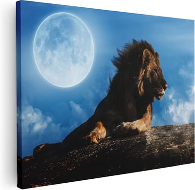 Artaza Canvas Schilderij Leeuw Bij Volle Maan - 40x30 cm - Klein - Muurdecoratie Dierenkop - Wanddecoratie Woonkamer - Kamer Accessoires