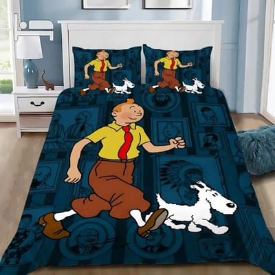 De Avonturen van Kuifje Beddengoed Set Volwassen Jongen Meisje Slaapkamer Decoratie Kinderen Cadeau Enkel Dubbel Groot Anime Dekbedovertrek Set (135x200cm)