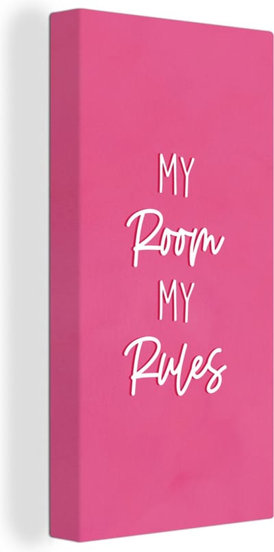 Canvas Schilderij Kind - Spreuken - Roze - My room my rules - Quotes - 20x40 cm - Wanddecoratie