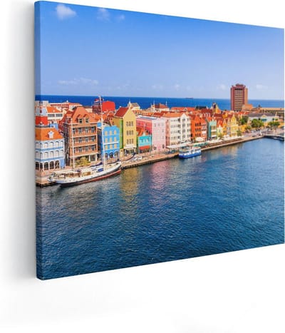 Artaza Canvas Schilderij Willemstad - 50x40 cm - Wanddecoratie Curacao - Muurdecoratie Kleurrijke Gevels - Schilderijen Op Canvas Haven