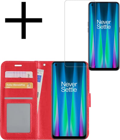 Hoesje - Met Screenprotector - Geschikt voor OnePlus Nord CE 2 - Luxe Pasjeshouder - Bookcase Portemonee - Flip Case - Kunstleer Book Case - Flipcase - Book Cover - Walletcase - Portemonneehoes - Rood