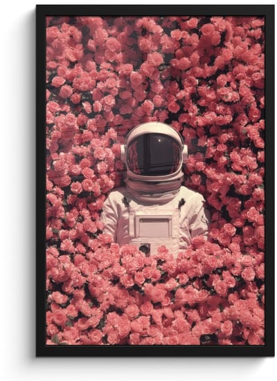 Poster in lijst - Fotolijst 40x60 cm - Posters - Bloemen - Roze - Astronaut - Posterlijst zwart - Decoratie - Wanddecoratie woonkamer - Muurdecoratie slaapkamer