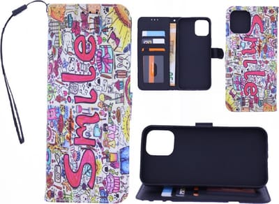 LuxeBass Boekhoesje met print geschikt voor Apple iPhone 12 Pro - Smile Graffiti gsm hoesje - telefoonhoes - telefoonhoesjes