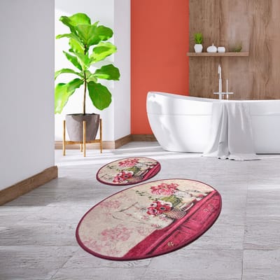 Bosdela Vintage Ovale 2-delige badkamermatten, wasbaar, zacht en comfortabel – toiletmat + badmat – ideaal voor badkamer en toilet, met 60x100 cm + 50x60 cm