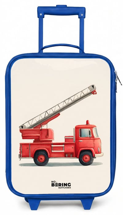 NoBoringSuitcases.com® - Kinderkoffer blauw - Kindertrolley jongen - Brandweerwagen - Getekend - Rood - Koffer kind lichtgewicht - Reiskoffer trolley voor kinderen - Koffertje met lichtgevende wieltjes - Rolkoffer