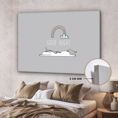 Canvas schilderij unicorn - Quotes - Good night - Eenhoorn - Tekst - Regenboog - Spreuken - Wanddecoratie meisjes - Kinderkamer decoratie - 160x120 cm