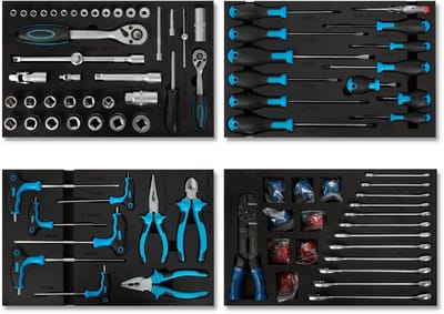 EBERTH Multitool-gereedschapsset, 81-delig, voor gereedschapswagens, gelabelde schuimrubberen inlegbakken, hardmetaal, ergonomische handgrepen, voor 4 lades, uitrusting voor auto- en professionele werkplaatsen, blauw